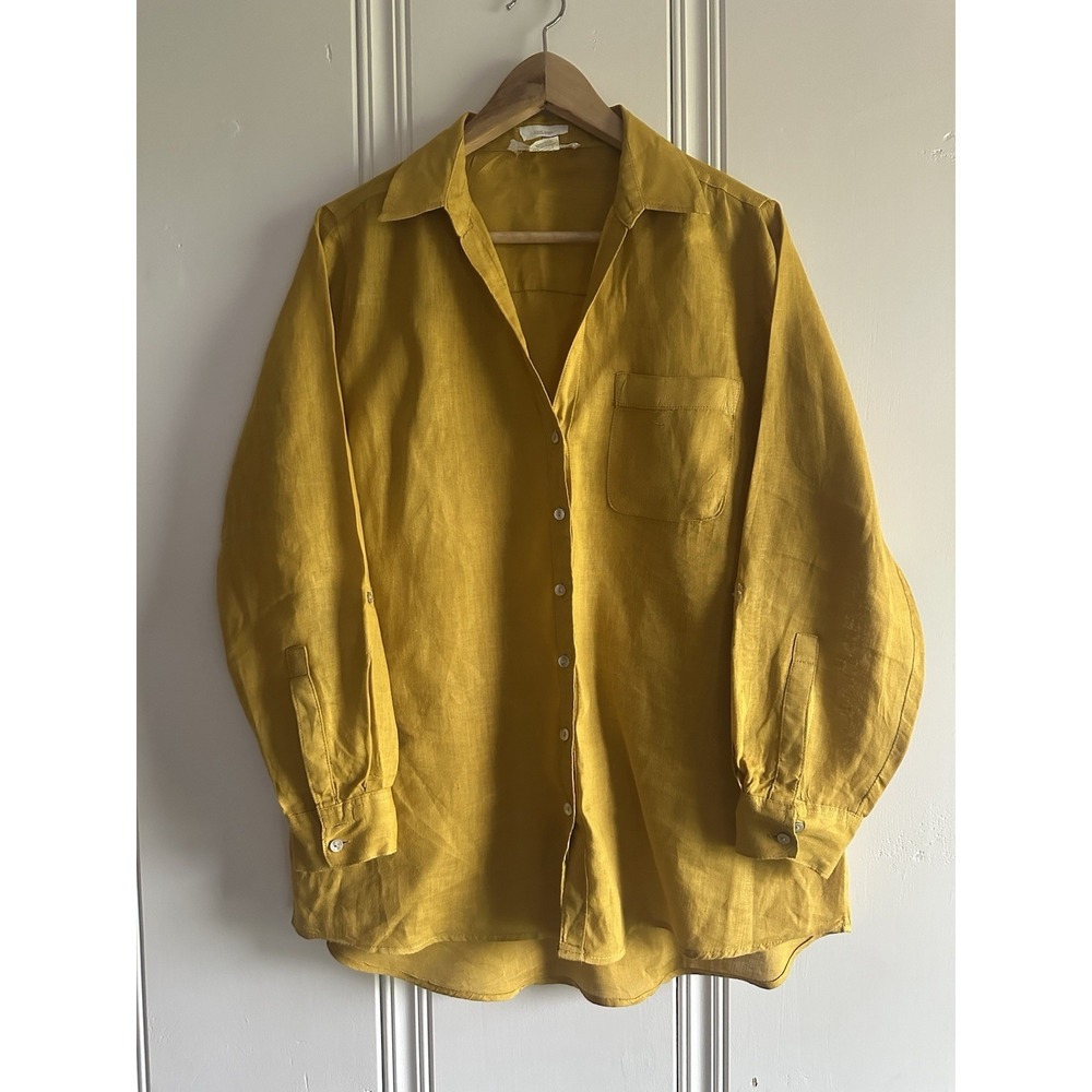 C&C California 100% Linen Button Front Shirt Mustard Yellow Medium